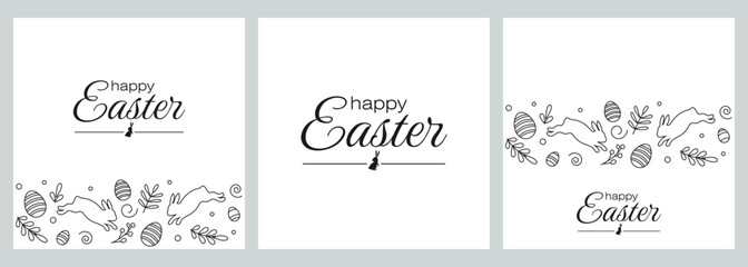 Set of Easter greeting cards.Modern minimal design in doodle style.Vector illustration.