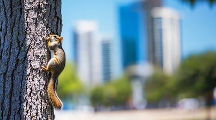 A curious gray squirrel climbs a tree with a city skyline blurred in the background during a bright sunny day.