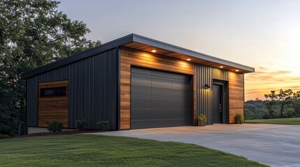 Obraz premium Modern Garage Design: A sleek and contemporary garage with a combination of black metal siding and warm wood accents. The garage door, accented by warm lighting.