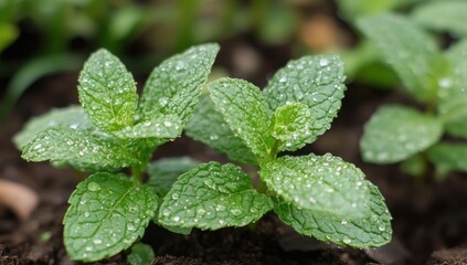 Refreshing Dew-Kissed Mint Plants