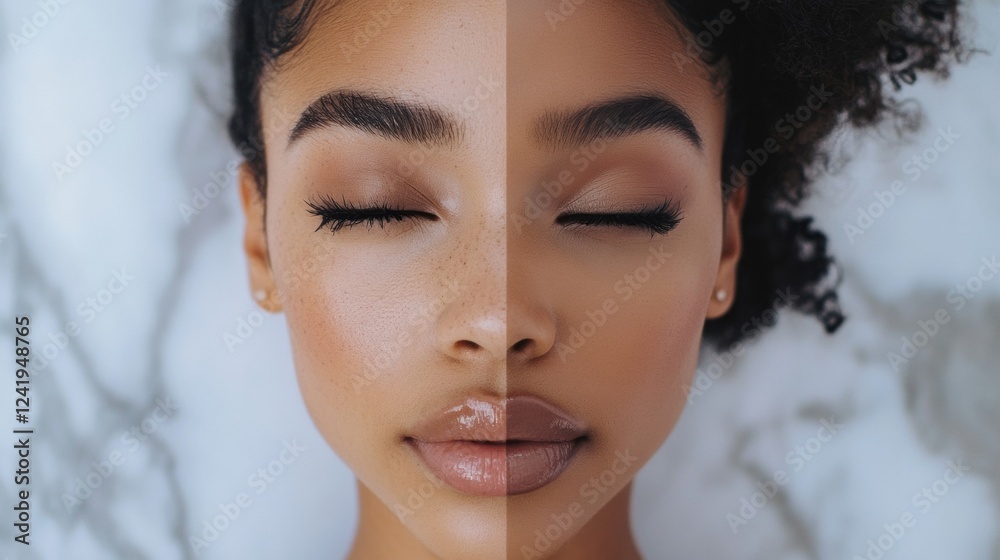 Poster natural beauty and full glam transformation on a womans face captured in a close up. generative ai