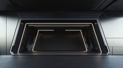 Futuristic Entrance: An enigmatic, minimalist hallway with sleek, metallic walls, illuminated by bright, white, neon strips, creates a dramatic and futuristic atmosphere.