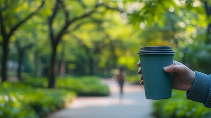 Hand Holding Coffee Cup in Natural Park with Lush Green Background