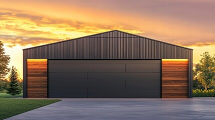 Fototapeta premium Modern Barn Garage at Sunset: A sleek, modern barn-style garage with a dark gray metal exterior, accented by warm wood paneling and an illuminated garage door.