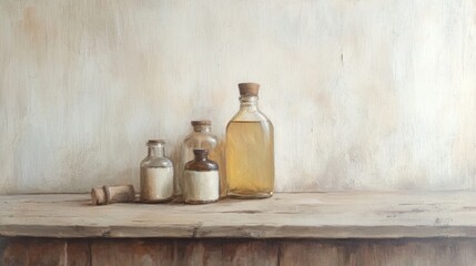 Antique bottles, wooden surface, rustic background, apothecary still life, design element