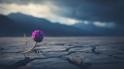 A solitary purple flower blooms on cracked earth, symbolizing resilience in a stark landscape.