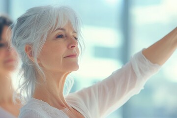 A serene older woman with silver hair practices yoga or stretches, radiating peace and well-being.