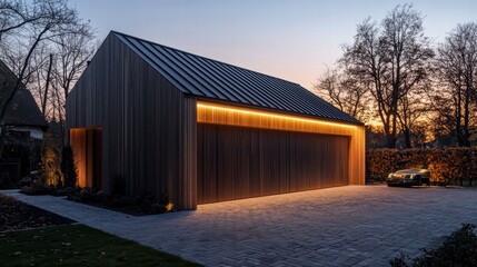 Fototapeta premium Modern Garage with Warm Lighting: A contemporary wooden garage with sleek design illuminated by warm LED lights creates a welcoming and stylish entrance.