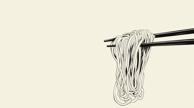 Chopsticks lifting noodles, minimalist food illustration, beige background, menu design