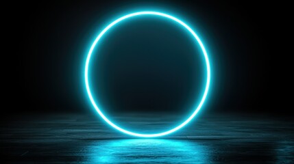 Obraz premium Glowing cyan neon circle, dark studio, reflective floor, empty space, futuristic design