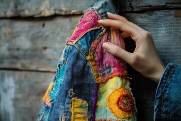 Fototapeta premium A vibrant denim jacket patched with colorful fabrics and intricate embroidery, showcasing unique style and creativity.