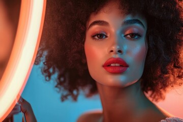 A portrait of a young woman with big afro hair and bright makeup, illuminated by neon lights.