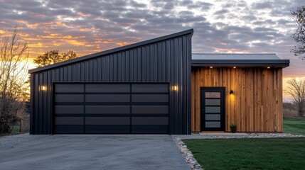 Fototapeta premium Modern Metal Garage: A sleek, contemporary garage boasts a black metal facade and a contrasting wood panel accent, bathed in the warm glow of the setting sun. The design showcases a modern.