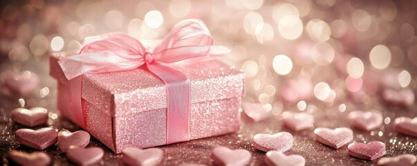 Fototapeta premium Gift box wrapped in pink ribbon surrounded by heart shaped decorations on a soft background