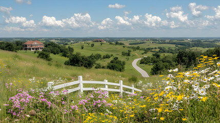 Fototapeta premium Colorful wildflowers bloom near a white wooden fence overlooking rolling green hills and a winding country road under a blue sky.