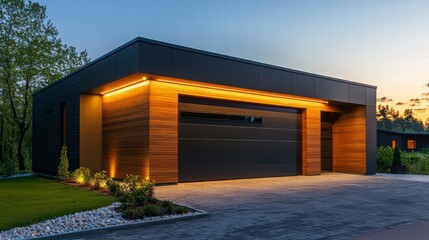 Modern Garage Design at Dusk: A sleek, contemporary garage with a dark exterior, wood paneling, and warm LED lighting, beautifully illuminated at twilight.