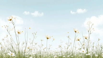 Daisies field, blue sky, clouds, summer, nature background