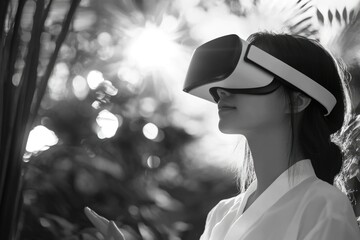 Woman wearing VR headset, experiencing immersive virtual reality in a sunlit outdoor setting.
