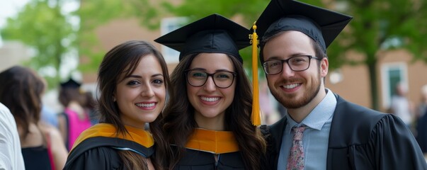 Three graduates smiling in caps and gowns, celebrating outdoors happily.