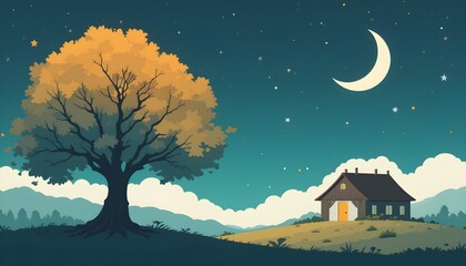 Fototapeta premium Serene Night-scape: House and Tree Under Moonlight