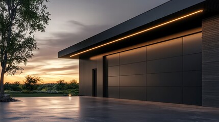 Obraz premium Modern Architectural Garage: A sleek, minimalist garage door bathed in the warm glow of twilight. The contemporary design with integrated lighting highlights the clean lines and sophisticated style.