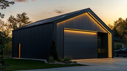 Modern Barn Garage at Dusk: A contemporary barn-style garage with black corrugated metal siding and a sleek design is illuminated by warm LED strip lights.