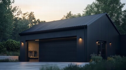 Modern Black Garage: A sleek, contemporary black metal garage with a large, open door, illuminated by soft evening light, sits serenely amidst a verdant landscape.