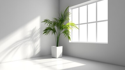 Plant in corner, sunlit room. Interior design