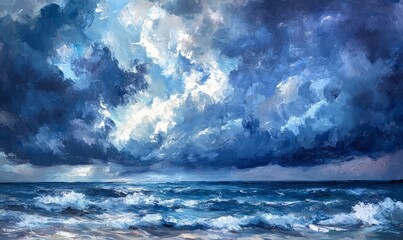 Fototapeta premium Dramatic ocean painting with turbulent waves and stormy, clouded sky.