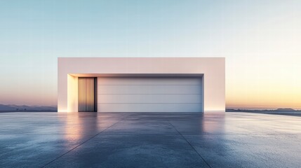 Minimalist Modern Garage: A sleek, minimalist modern garage with a clean white facade and a single,  large garage door. The open space and  sharp lines create a sense of order and simplicity.