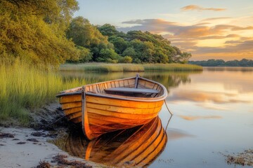 Soft light bathes a small wooden boat anchored close to the shore during the golden hour. The warm tones and calm water create a serene atmosphere, perfect for relaxation and reflection