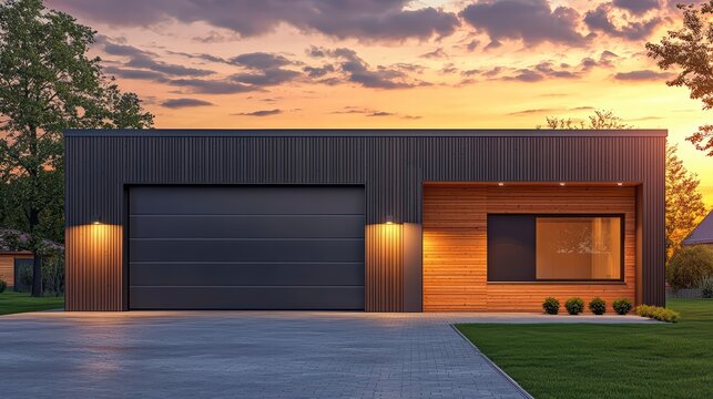 Modern House at Sunset: A contemporary single-story house with dark grey siding and a contrasting light wood accent wall is beautifully illuminated by the warm glow of the setting sun.