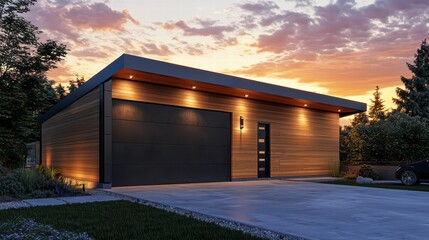 Obraz premium Modern Garage Under Sunset Sky: A sleek modern garage with wooden siding and a black door stands proudly in a picturesque setting, illuminated by the warm glow of a sunset sky. 