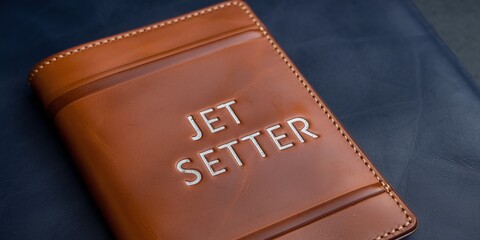Elegant leather travel wallet with 'JET SETTER' embossed in silver on a dark blue background