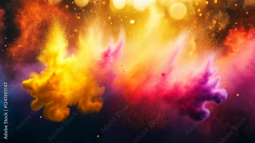Poster a vibrant explosion of colorful powder set against a glowing backdrop, creating a stunning visual ef