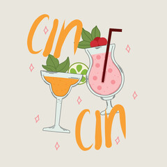 Two cocktail glasses with fizzy drinks, one orange with lime and mint garnish, the other pink with cherries and a straw, surrounded decorative sparkles on a light background in retro style.