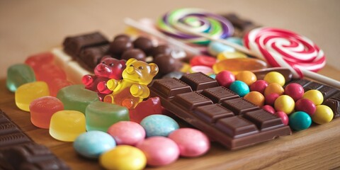 Colorful assortment of candies and chocolates on a wooden platter