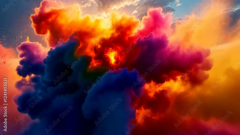 Poster a captivating image of an explosion of colorful powder against a glowing sunset backdrop. the vibran