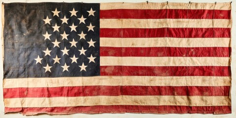 Antique 15-star US flag displayed; faded, worn; white background; history, patriotism