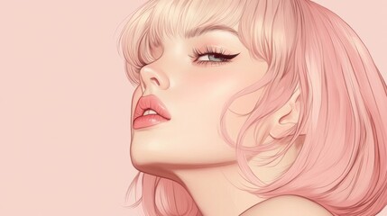 Pink-haired woman, subtle pose, pale background, beauty portrait