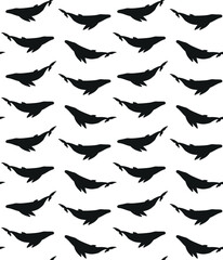 Vector seamless pattern of flat hand drawn humpback whale silhouette isolated on white background