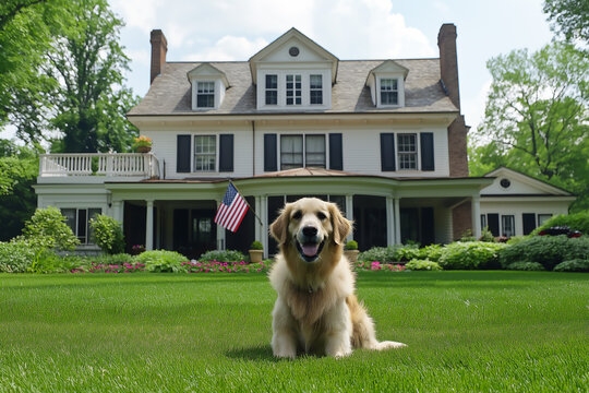 Happy Golden Retriever sitting in front yard of home, American flag on pole, Fourth of July concept