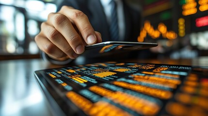Business professional analyzing market data on a digital tablet while using a smartphone in a modern office