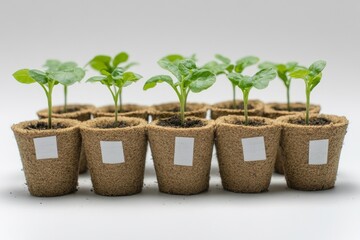 A group of healthy seedlings is arranged in peat pots with labels, eagerly waiting to be transplanted into the garden. The clean background enhances their vibrant green color