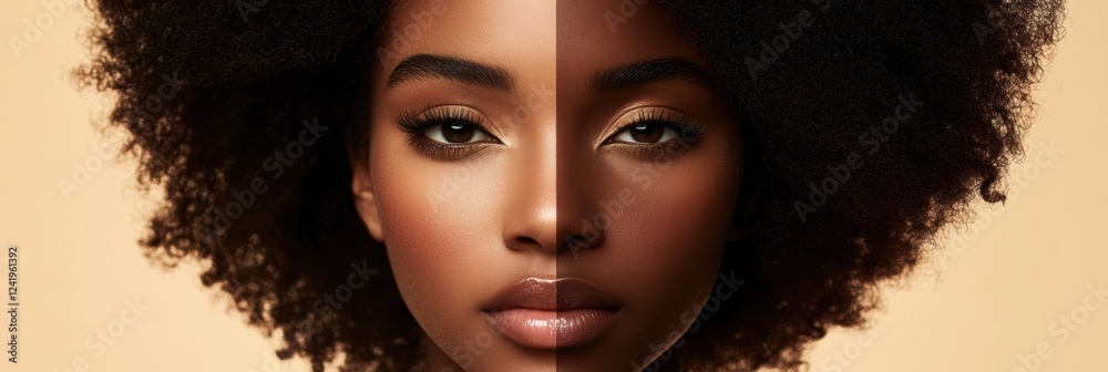 Poster exploring the contrast of natural beauty and full makeup on one face in a creative display of divers