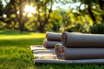 Rolled-up yoga mats on grass, with a sunny park background. Concept of outdoor relaxation and fitness. For promoting outdoor yoga classes