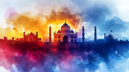 Vector illustration on the background of an Indian holiday with a national flag, a traditional dance and the gates of a historic building dedicated to the celebration of the Republic of India