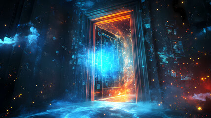 A futuristic door opens into a world of digital data and virtual reality. this portal leads to a fantasy realm, an artificial universe built from code. Portal & Dimensional Effects. Illustration
