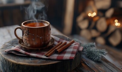 Cozy winter tea setup featuring a steaming cup with cinnamon sticks, plaid napkins, and festive warmth, framed by rustic wood