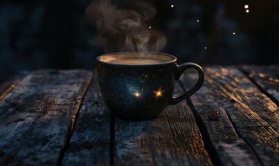 Cup of steaming black coffee with a starry sky reflection on the surface, resting on a textured wooden table for an imaginative twist.